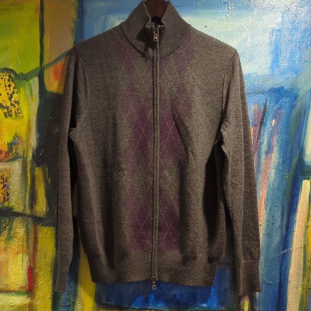 Banana Republic Merino Wool Blend Argyle Zip Cardigan Sweater Mens Size Medium
